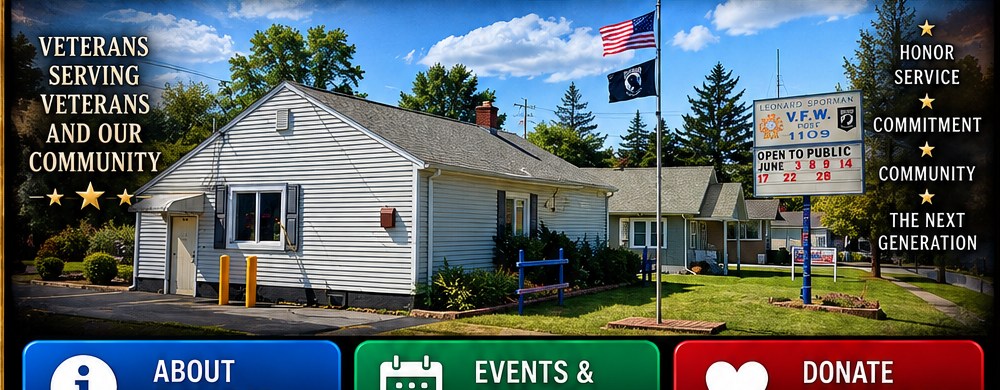VFW Leonard Sporman Memorial Post 1109 building, American and POW/MIA flags, veterans serving veterans in Highland, Indiana