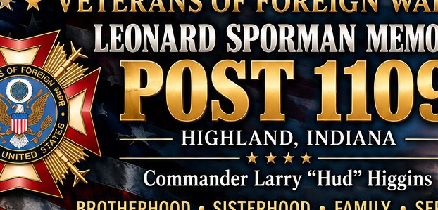 Reference-based depiction of Leonard Sporman Memorial Post 1109 building and flags