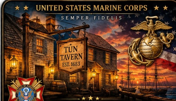 Artistic tribute to historic Tun Tavern, birthplace of the Marines